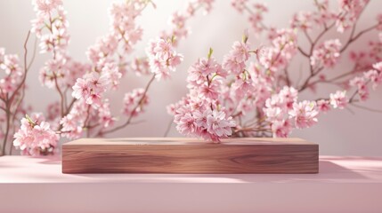 A modern rectangular wooden podium set against a soft pink background with delicate cherry blossoms. The setup is ideal for cosmetic or product displays, emphasizing elegance and simplicity.