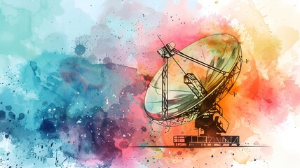 watercolor art of radio telescope on watercolor background with copy space 