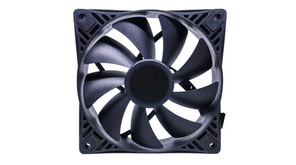 A black computer cooling fan isolated on a white background. It features a black plastic frame, blades, and a central hub. The fan is designed to cool computer components and prevent overheating.