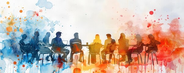 Watercolor painting of diverse business team in a meeting.