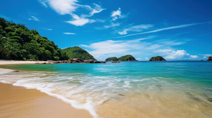Obraz premium A serene paradise beach at midday, showcasing the bright blue sky