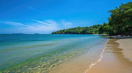 A serene paradise beach at midday, showcasing the bright blue sky