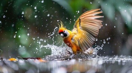 Fototapeta premium Golden Bird Splashing in Water