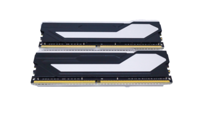 Two pieces of black RAM with silver list design in transparent plastic tray packaging. Close up of Twin Random Access Memory isolated on a white background.