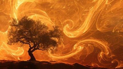 A mysterious silhouette of a lone tree stands in front of a chaotic backdrop of bold oranges and twisted lines evoking a sense of unease in the abstract night sky