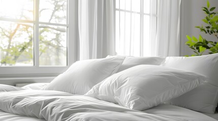 made up bedding in modern comfortable bedroom with clean white bedsheet and pillow with light from glass window, close up. 