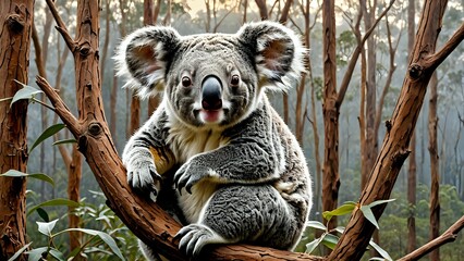 Obraz premium A cute koala sitting on a tree branch, looking directly at the camera, in a eucalyptus forest.