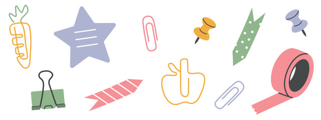 Flat set of stationery, adhesive tape, pushpin, paperclip, stickers, back to school