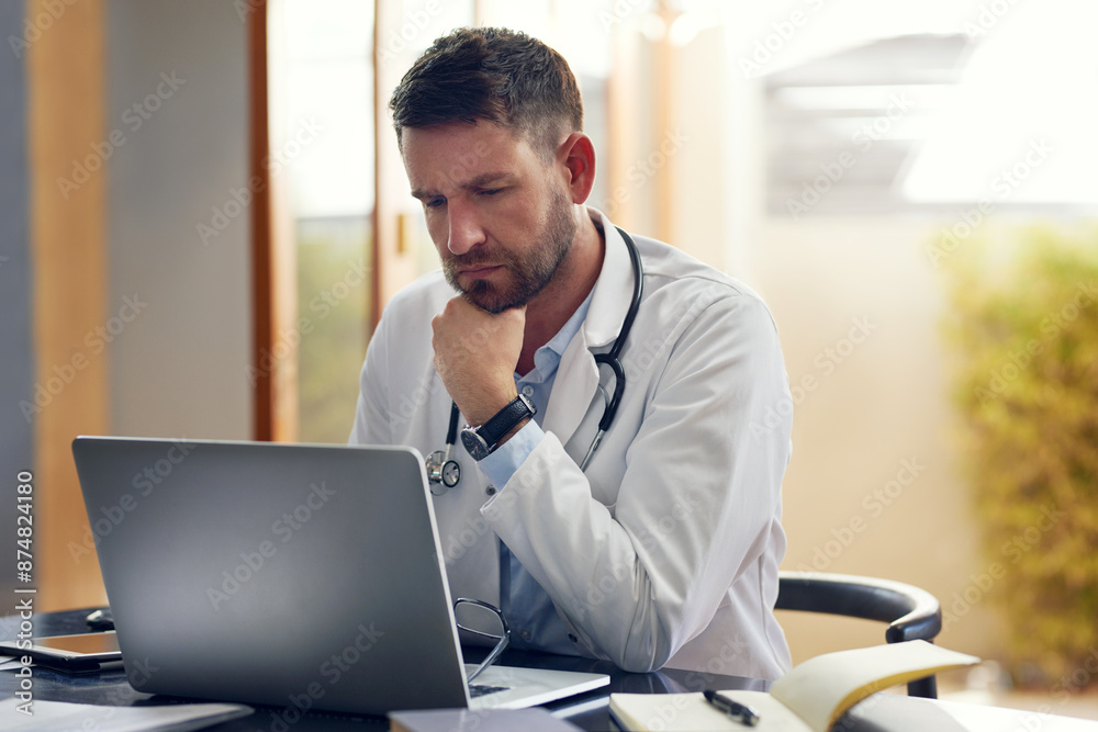 Poster Male person, medical doctor and laptop with thinking, ideas and planning in office as physician. Man, pediatrician and diagnosis, telehealth and technology for patient records, medicine or surgery