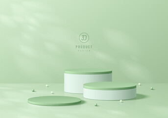 3D green round product podium set background with natural light. Abstract composition in minimalist design. 3D studio display showroom cosmetic product pedestal, Fashion stage showcase mockup scene.