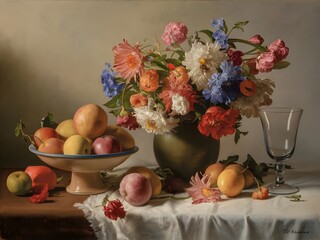 A stunning traditional still life painting captures a harmonious arrangement of objects on a table.  © Shahar