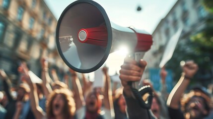 Megaphone in the hand of a man on the street