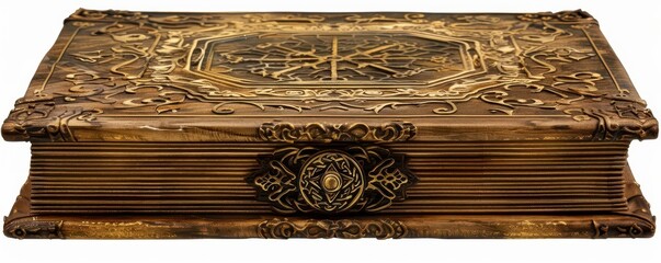 Halloween spell book ornament, spooky decoration, ancient design, brown and gold, isolated on white background