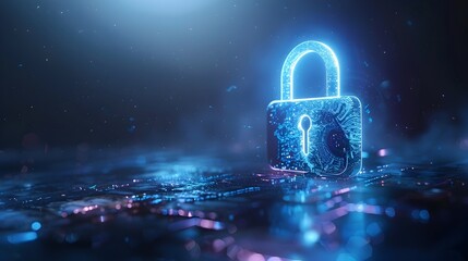 Glowing Digital Padlock Icon with Neon Blue Lights on Futuristic Data Background