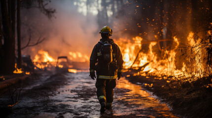 Naklejka premium firefighters walking away from a fire.