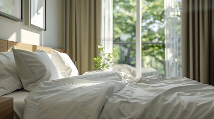made up bedding in modern comfortable bedroom with clean white bedsheet and pillow with light from glass window, close up. 