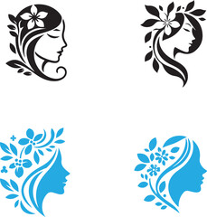 Pack, set of Portrait of beautiful girl with a white hairstyle, a woman in profile, isolated outline silhouette