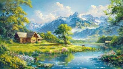 Fototapeta premium Mountain Cabin by the Lake - A picturesque scene of a wooden cabin nestled in a valley, surrounded by lush greenery, a tranquil lake, and majestic mountains in the background. - A picturesque scene of