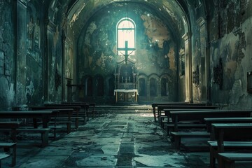 Fototapeta premium Abandoned Church Interior - A desolate church interior, with rows of wooden pews, light streaming through a window, and decaying walls - A desolate church interior, with rows of wooden pews, light str