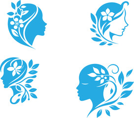 Pack, set of Portrait of beautiful girl with a white hairstyle, a woman in profile, isolated outline silhouette