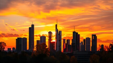 Stunning sunset over the impressive cityscape of Frankfurt, Germany.