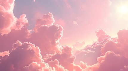 Pink pastel sky background. Fantasy beautiful white fluffy clouds on soft pink sky.