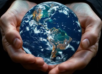 A pair of hands holding the Earth, embracing our precious planet: a symbol of care, responsibility and environmental protection, Earth Day