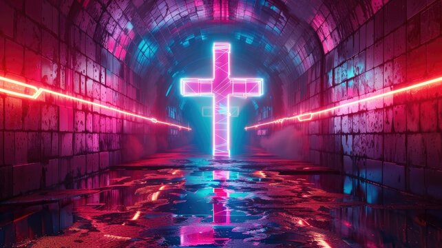 Neon Cross in a Tunnel - A neon cross glowing in a dark tunnel, with reflections on the wet floor - A neon cross glowing in a dark tunnel, with reflections on the wet floor