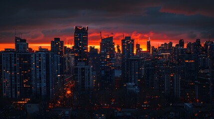 Obraz premium Glowing Orange Sunset Overlooking a City Skyline