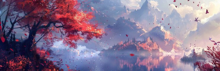 Autumnal Fantasy Landscape - A digital painting of a fantasy landscape with a tree with red leaves in the foreground, mountains, a lake, clouds, and fog in the background, with a sense of peace and tr