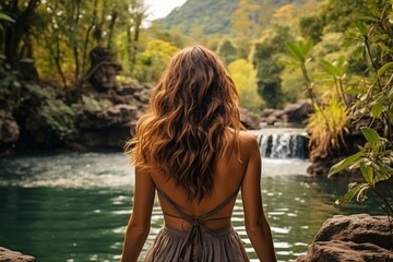 Obraz premium Captivating woman gathering water from waterfall, viewed from behind, showcasing natural beauty