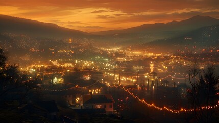 Obraz premium Cityscape of illuminated houses and streets with orange sunset sky