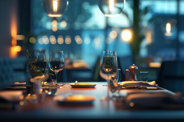 Naklejka premium Empty restaurant table set for dinner service with wine glasses