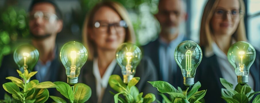 Corporate leaders reviewing green energy measures, energy efficiency measures, greener business practices