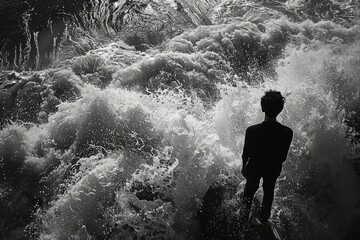 Fototapeta premium Man Standing by the Ocean Waves - A solitary man stands on a rock, his silhouette stark against a powerful display of ocean waves, creating a dramatic scene that evokes a sense of awe and the force of