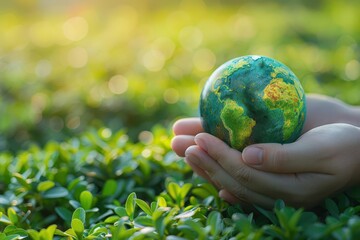 Hands gently holding a miniature Earth globe amidst green foliage, symbolizing global environmental conservation and sustainability.