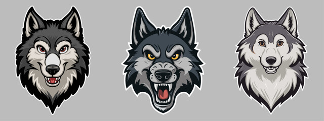 Scandinavian Viking Fenrir Wolf set head in Nordic or Celtic esport style flat vector illustration on an isolated background
