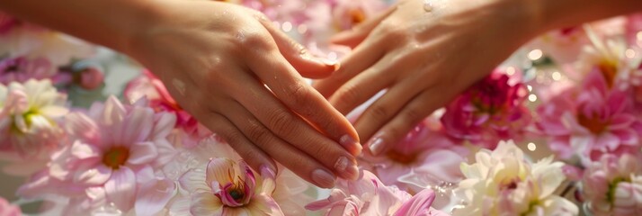 Fototapeta premium A woman concentrates on repairing and beautifying her nails in a tranquil spa setting, her hands being cared for against a background of soft pink tones and flowers