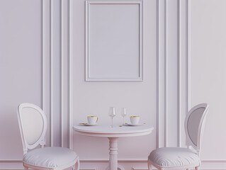 Fototapeta premium Elegant minimalist dining setup with white chairs and table in a classic interior
