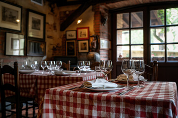 Empty italian restaurant with red checkered tablecloths waiting for customers