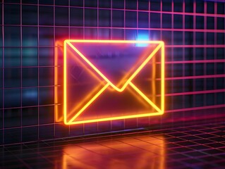 Fototapeta premium Retro Neon Email Icon Against Futuristic Grid Background 1980s Inspired Digital Communication Concept
