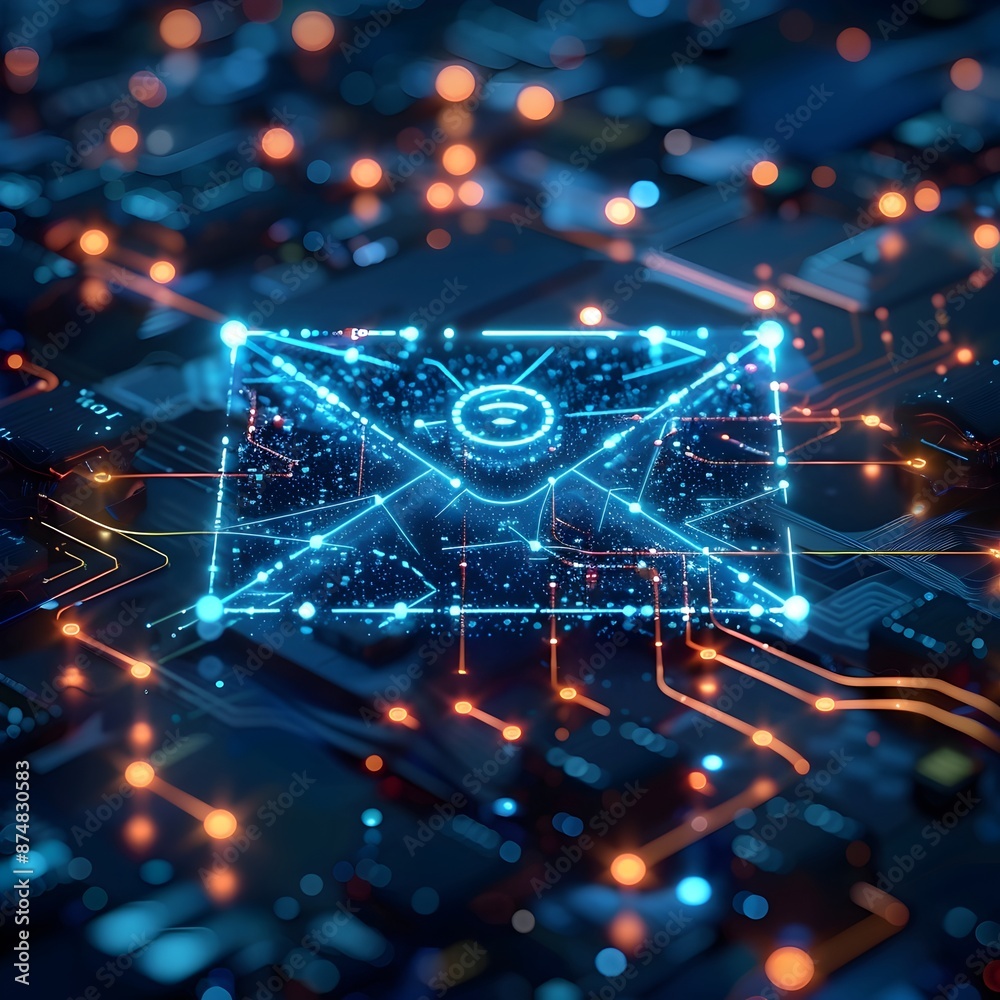 Poster advanced email icon with digital face recognition pattern representing cutting edge security and tec