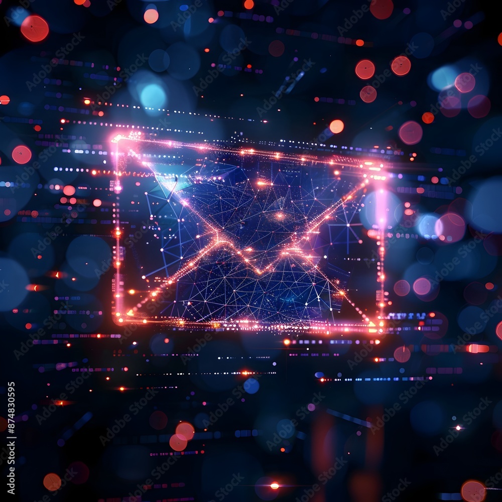 Poster email icon with digital face recognition pattern representing advanced technology and security conce