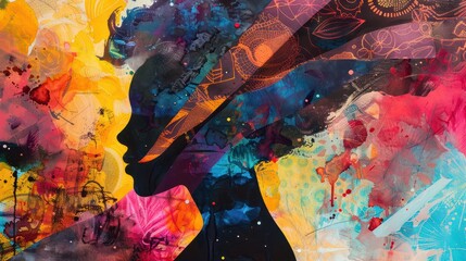 A contemporary abstract collage features the silhouette of a woman's profile against a vibrant background. The composition includes geometric shapes, cosmic elements, and splashes of bright colors