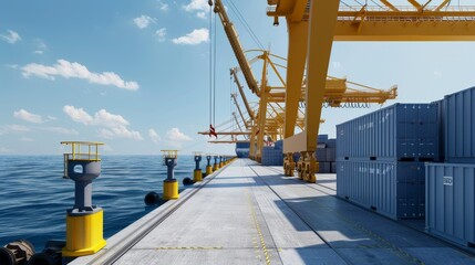 Wharf with conveyance system, highlighting production efficiency, heavy machinery and ships working in harmony for streamlined operations