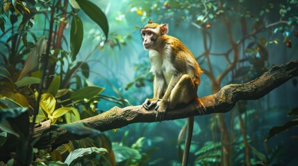 Obraz premium A monkey sits on a tree branch in a lush, green forest. The serene environment highlights the natural habitat of the monkey, surrounded by vibrant foliage.