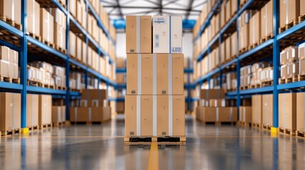 Warehouse filled with neatly stacked goods ready for shipment, showcasing the organization and efficiency of cargo management and logistics