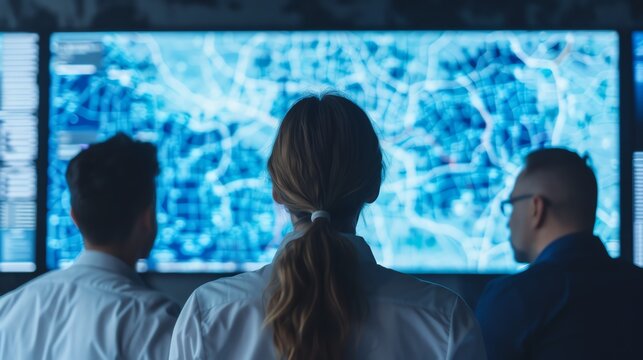 Diverse group of city planners discussing in front of a large touch screen, strategic planning, teamwork