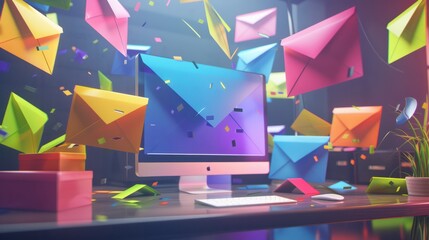 A vibrant digital mail concept with colorful envelopes surrounding a computer screen in a modern, artistic workspace.
