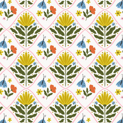 Geometrical retro pattern with flowers and butterflies. Print for greeting card, wrapping paper, textile, wallpaper and invitation background.